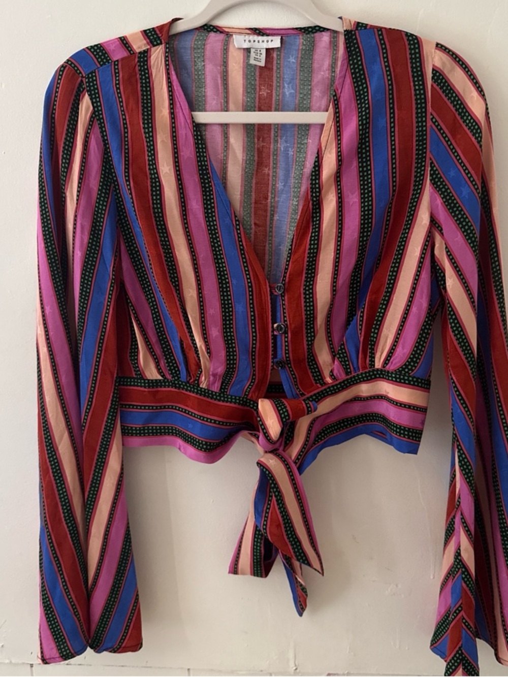 Topshop Multistripe Tie-Front Blouse in Pink, Blue & Red